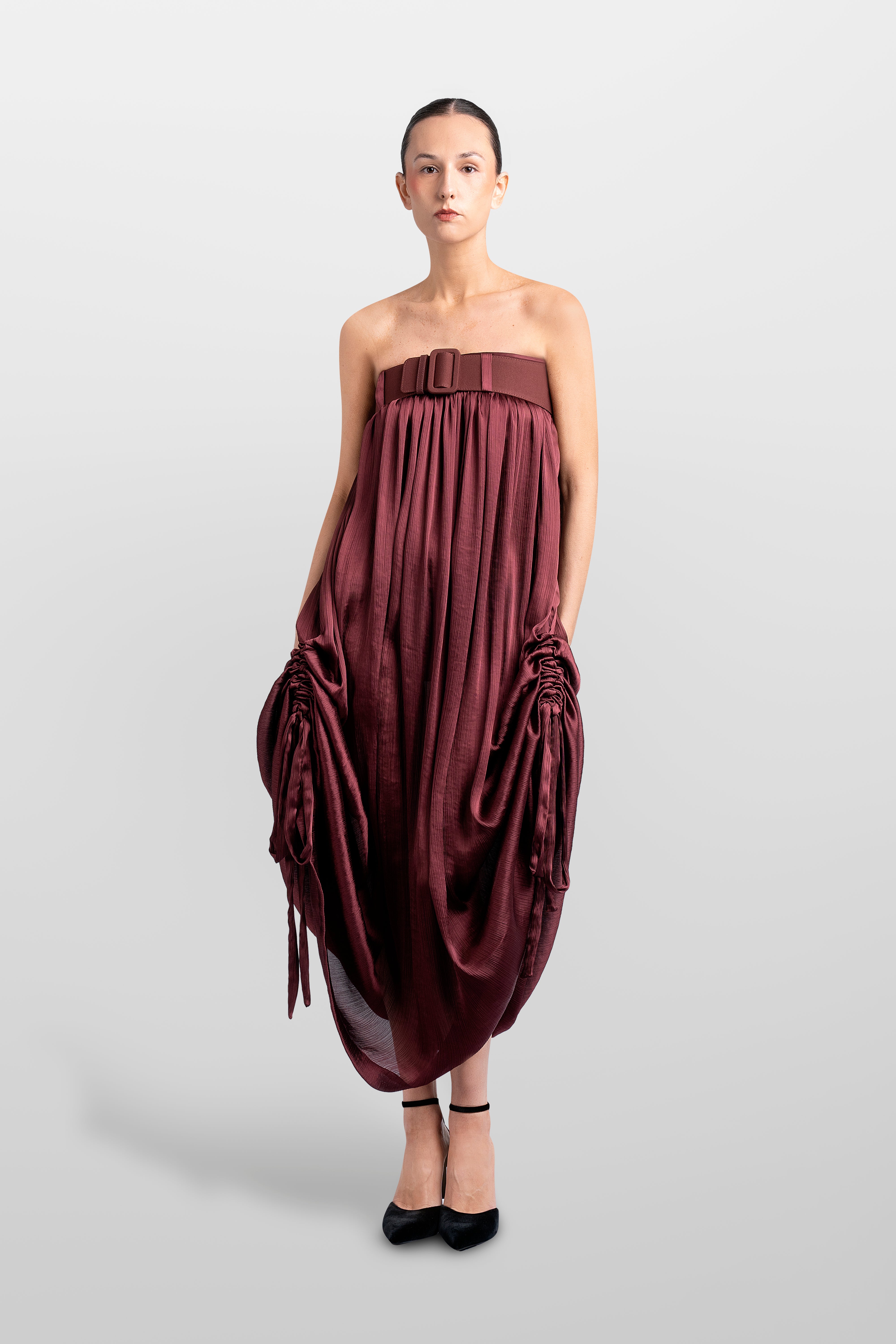 TEXTURE BALLOON LONG DRESS WITH BELT