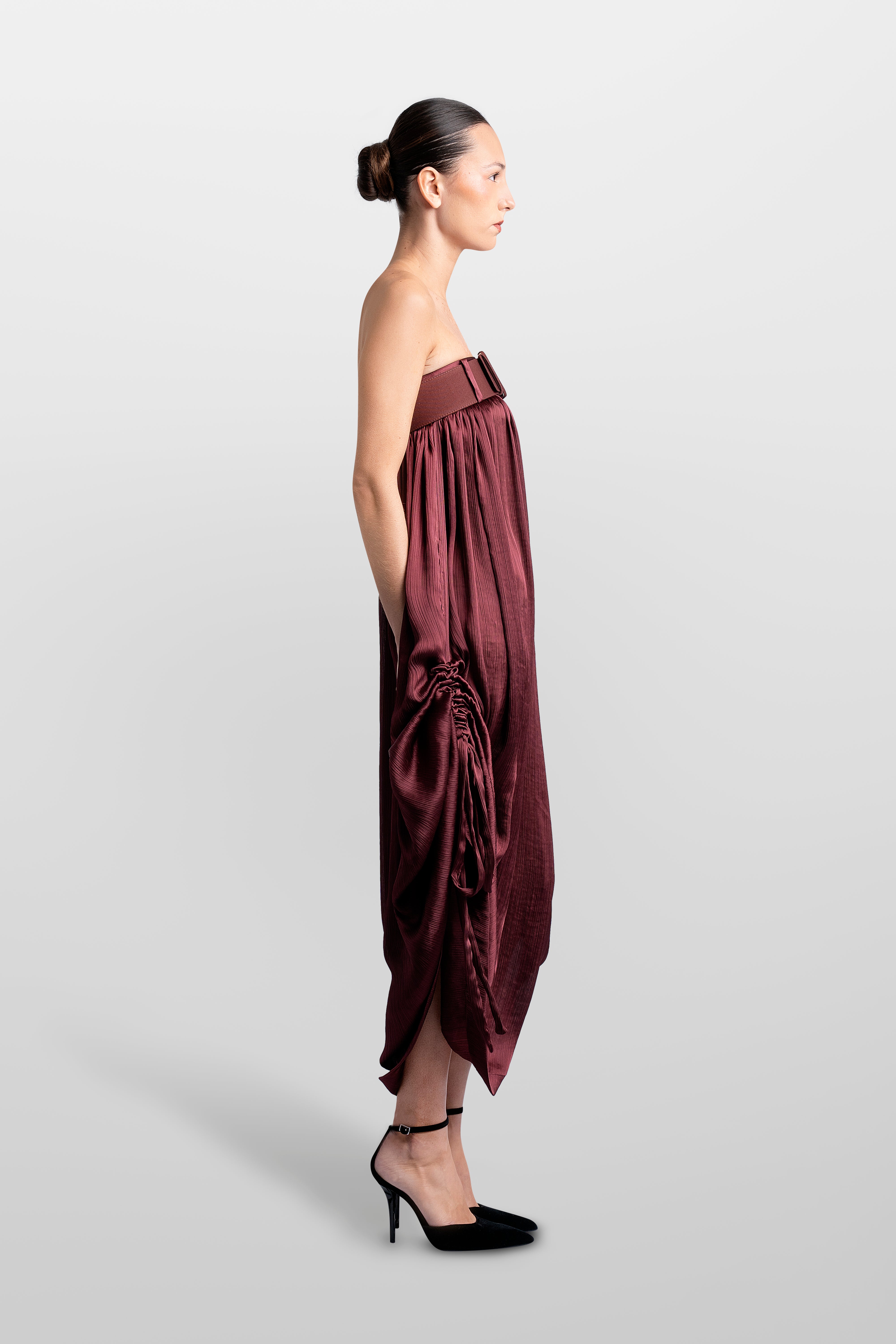 TEXTURE BALLOON LONG DRESS WITH BELT