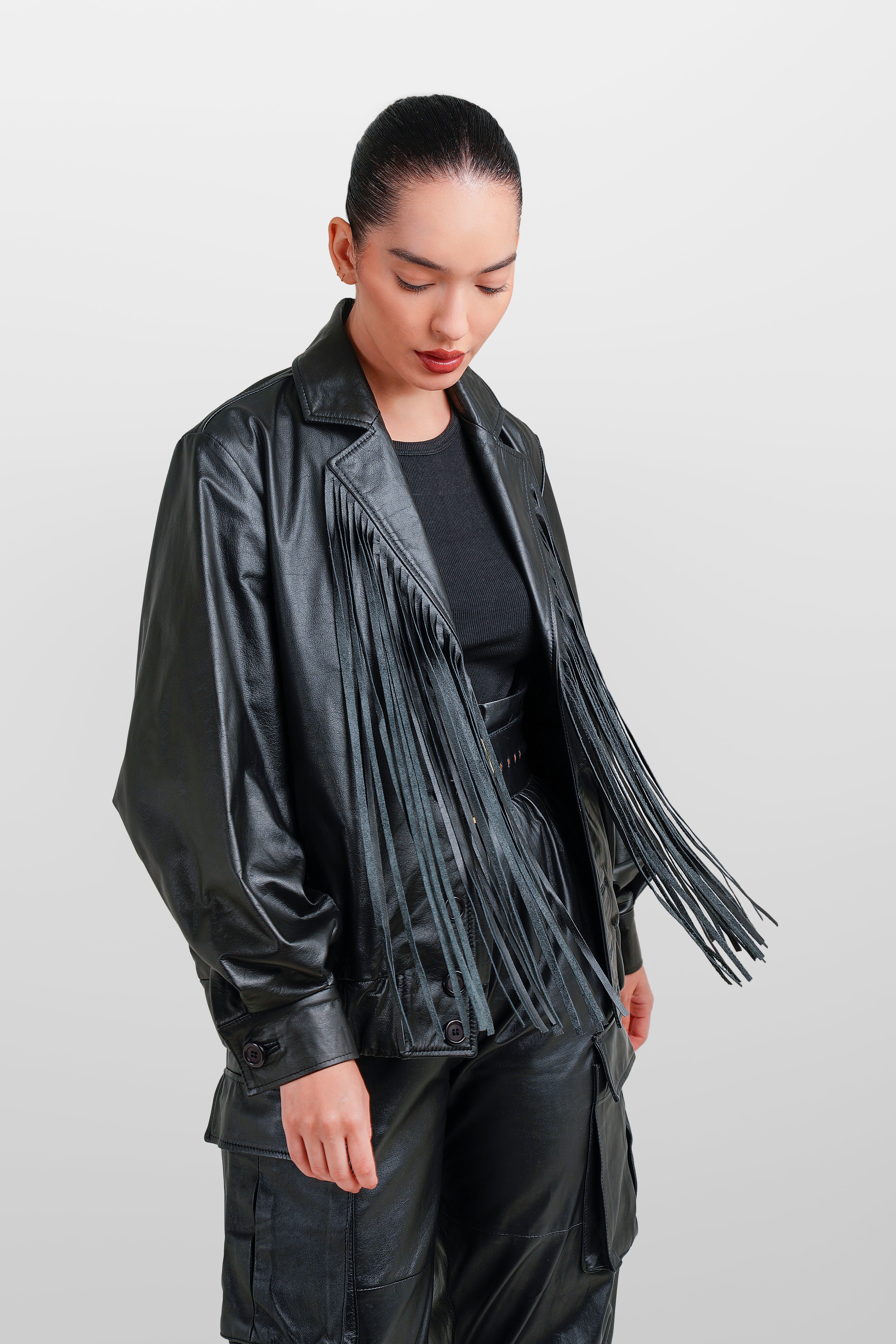 FRINGES LEATHER BOMBER JACKET