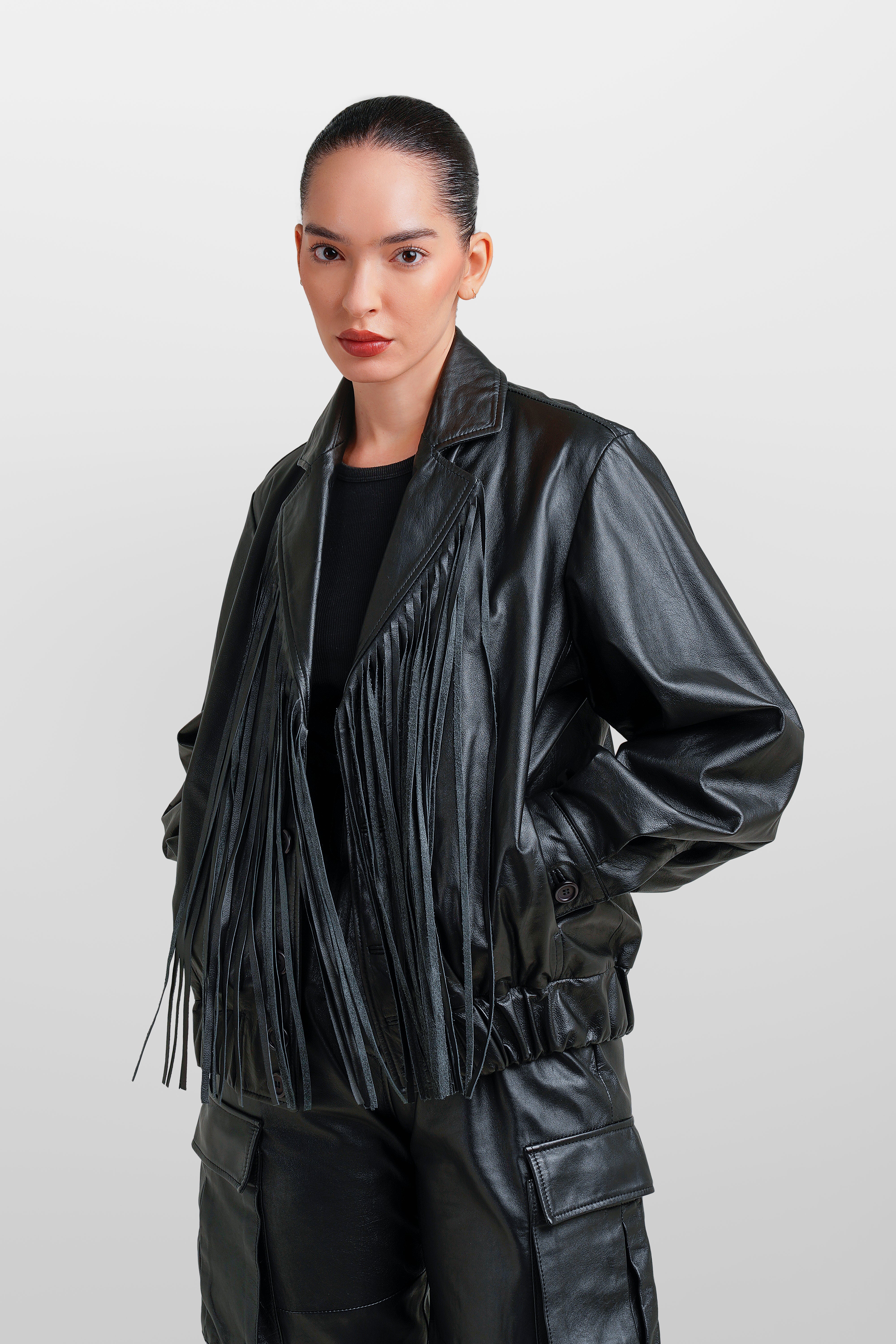 FRINGES LEATHER BOMBER JACKET