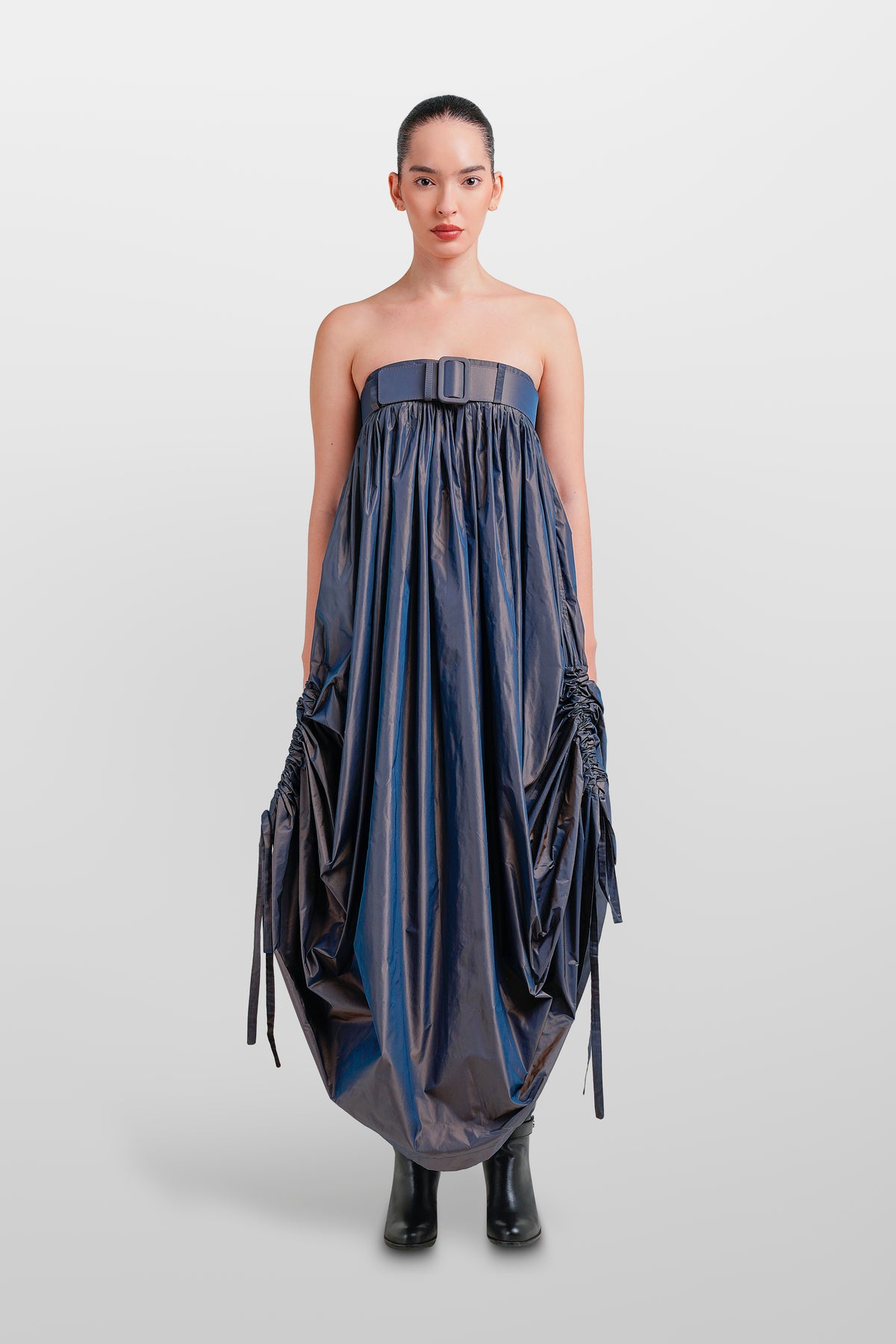 TEXTURE BALLOON LONG DRESS WITH BELT