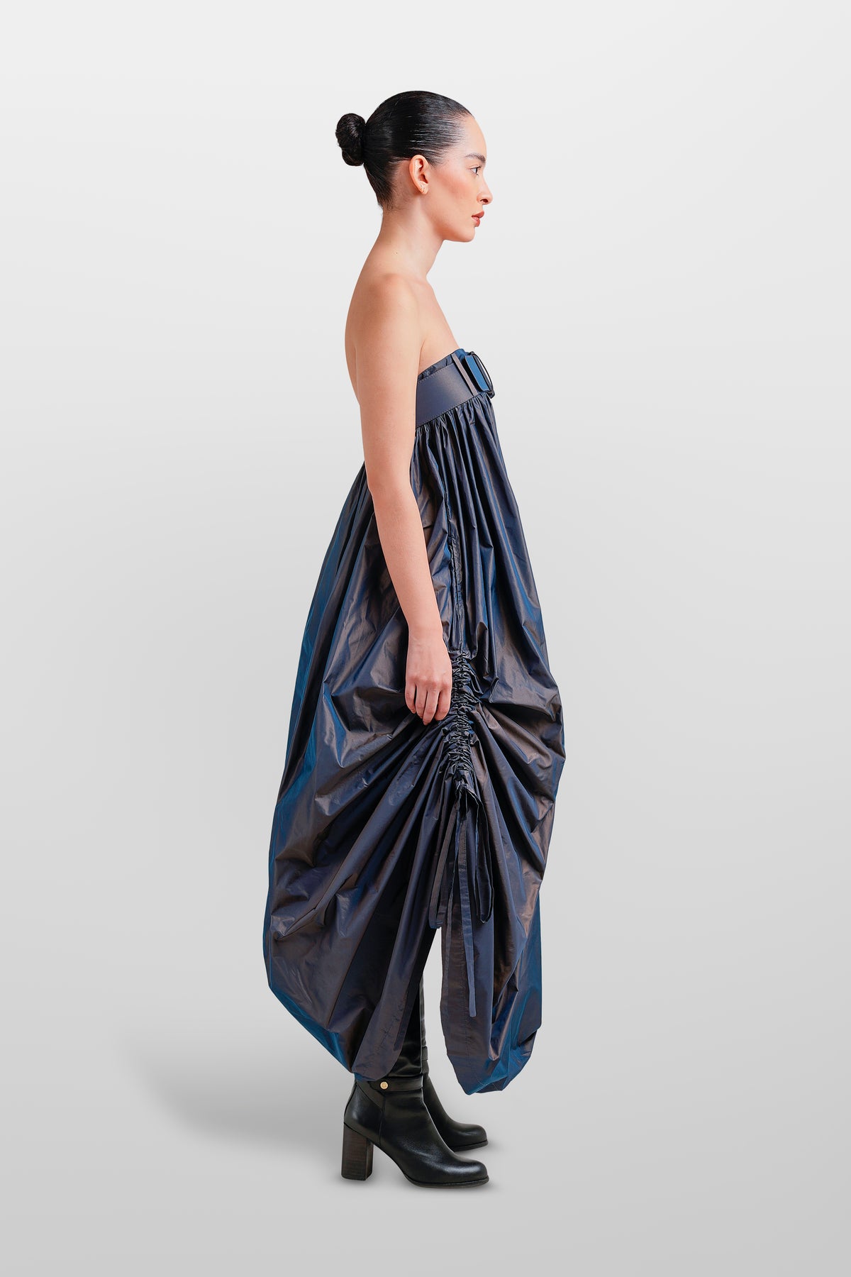 TEXTURE BALLOON LONG DRESS WITH BELT