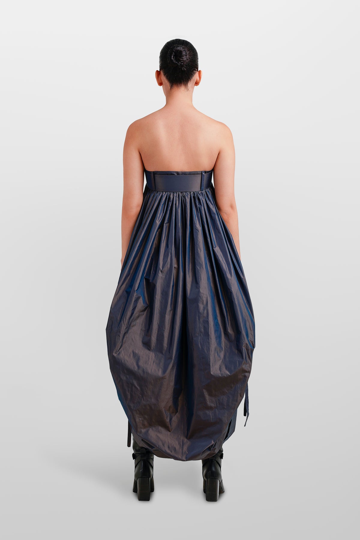 TEXTURE BALLOON LONG DRESS WITH BELT