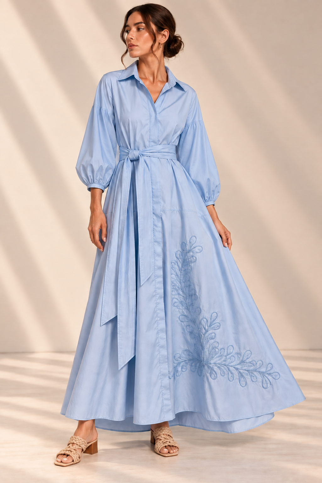 VESTIDO CAMISERO FALDA BORDADA LAGRIMAS